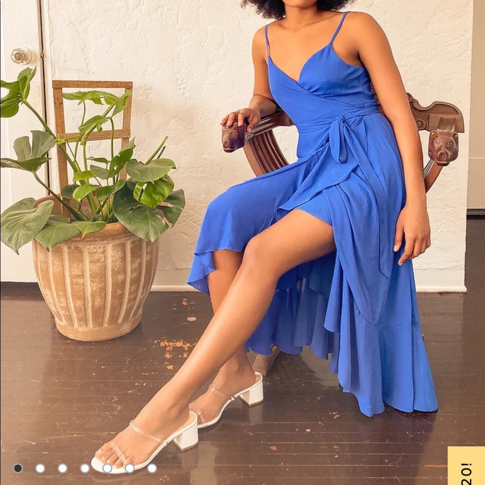 Manhattan Moment blue ruffled midi wrap dress